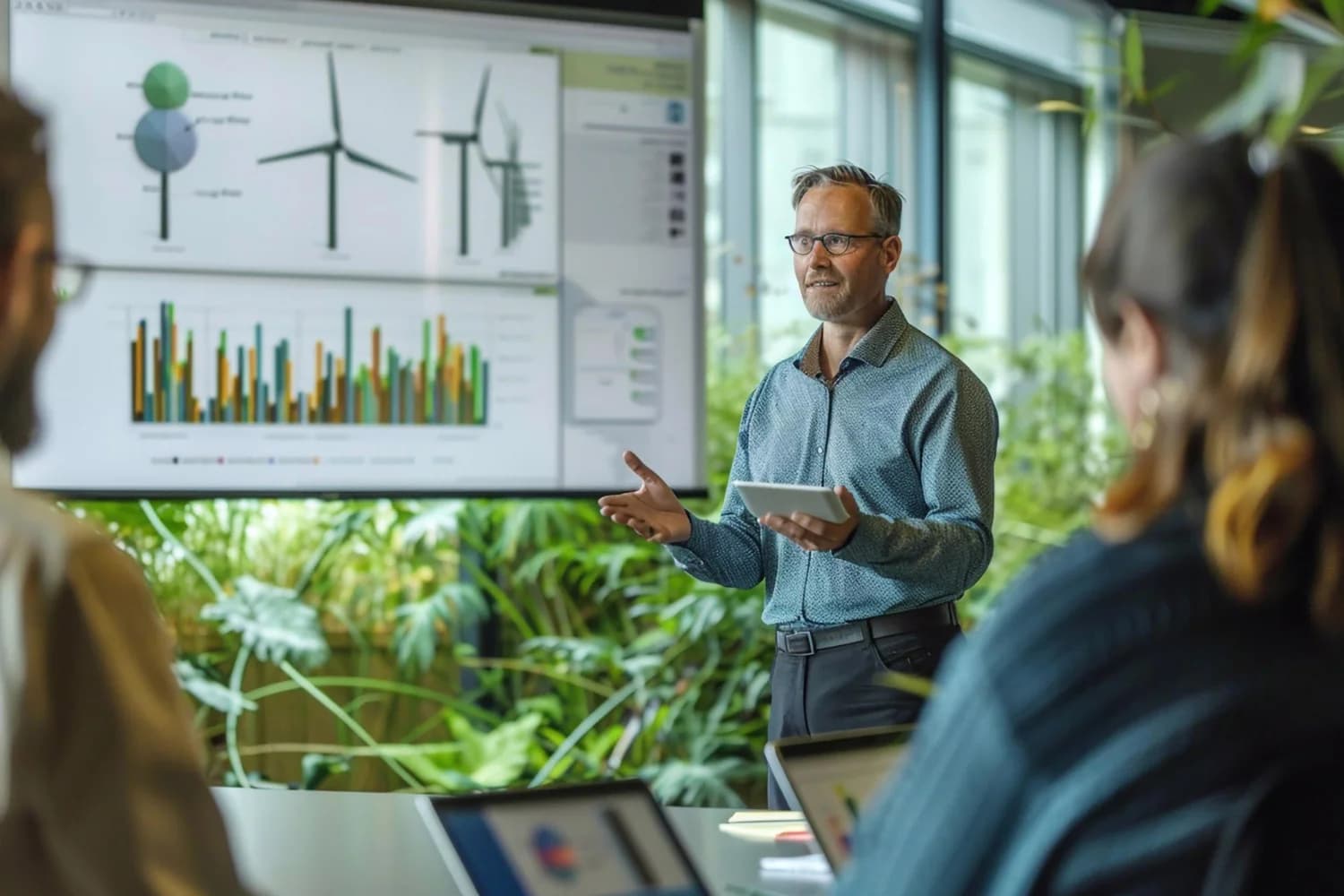 An instructor presenting renewable energy performance data to a small group